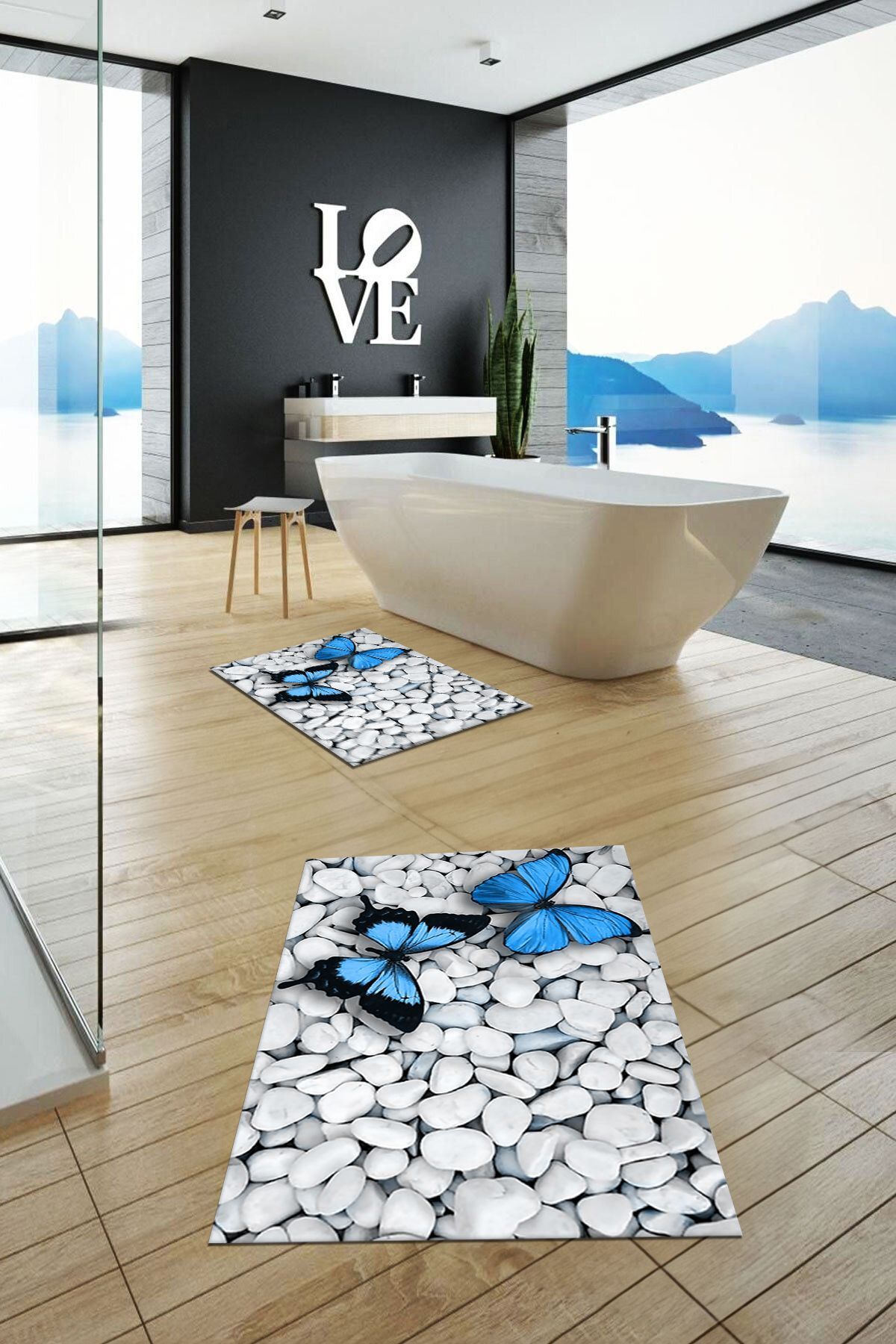 EY HOME-Set de scaune de toaletă cu model de fluturi 3D, lavabil, ștergabil, dublu, covor de baie, KLOZET-45-ALBASTRU, 5