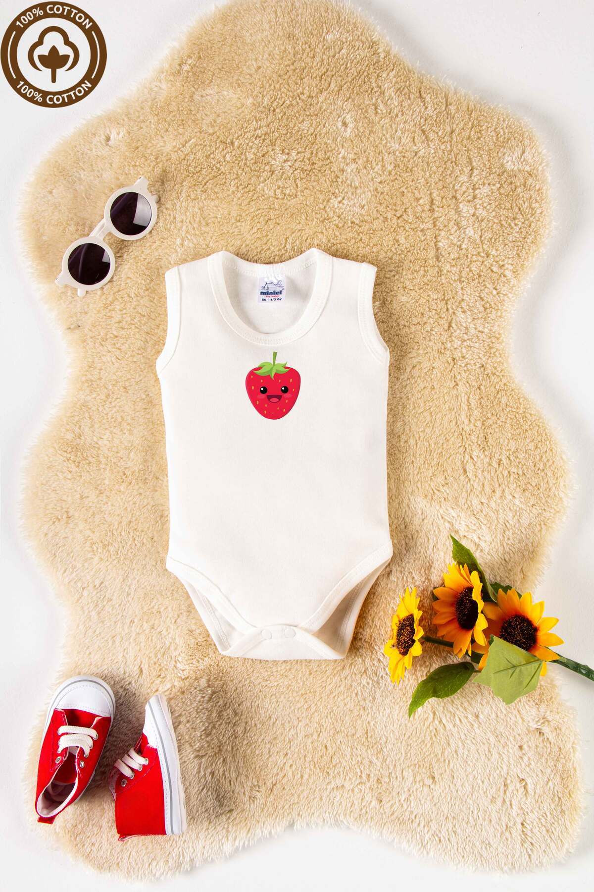 miniel organic Unisex %100 Organik Pamuklu Sevimli Meyve Baskılı 3-6-9-12 Ay 6Lı Kolsuz Bebek Body Zıbın fotoğrafı 4 (önizleme)