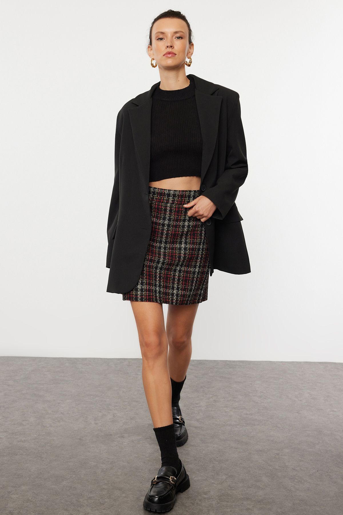 Trendyol Collection Tweedowa Spódnica We Wzorzystą Kratę - Kobieta - 38