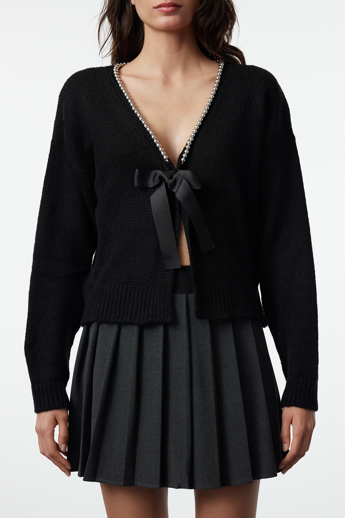 Trendyol Collection Miękki dzianinowy kardigan - wstążka i kokarda, czarny Twoaw25Hi00180