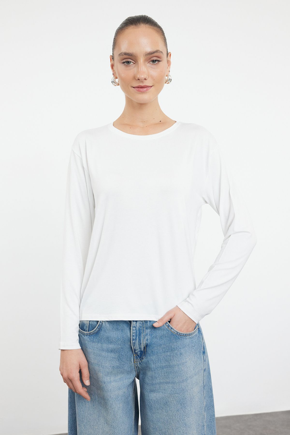 Trendyol Collection-Black-Ecru 2 Pack – 100% bavlna Oversize tričko s dlouhým rukávem TWOAW25TS00013 4