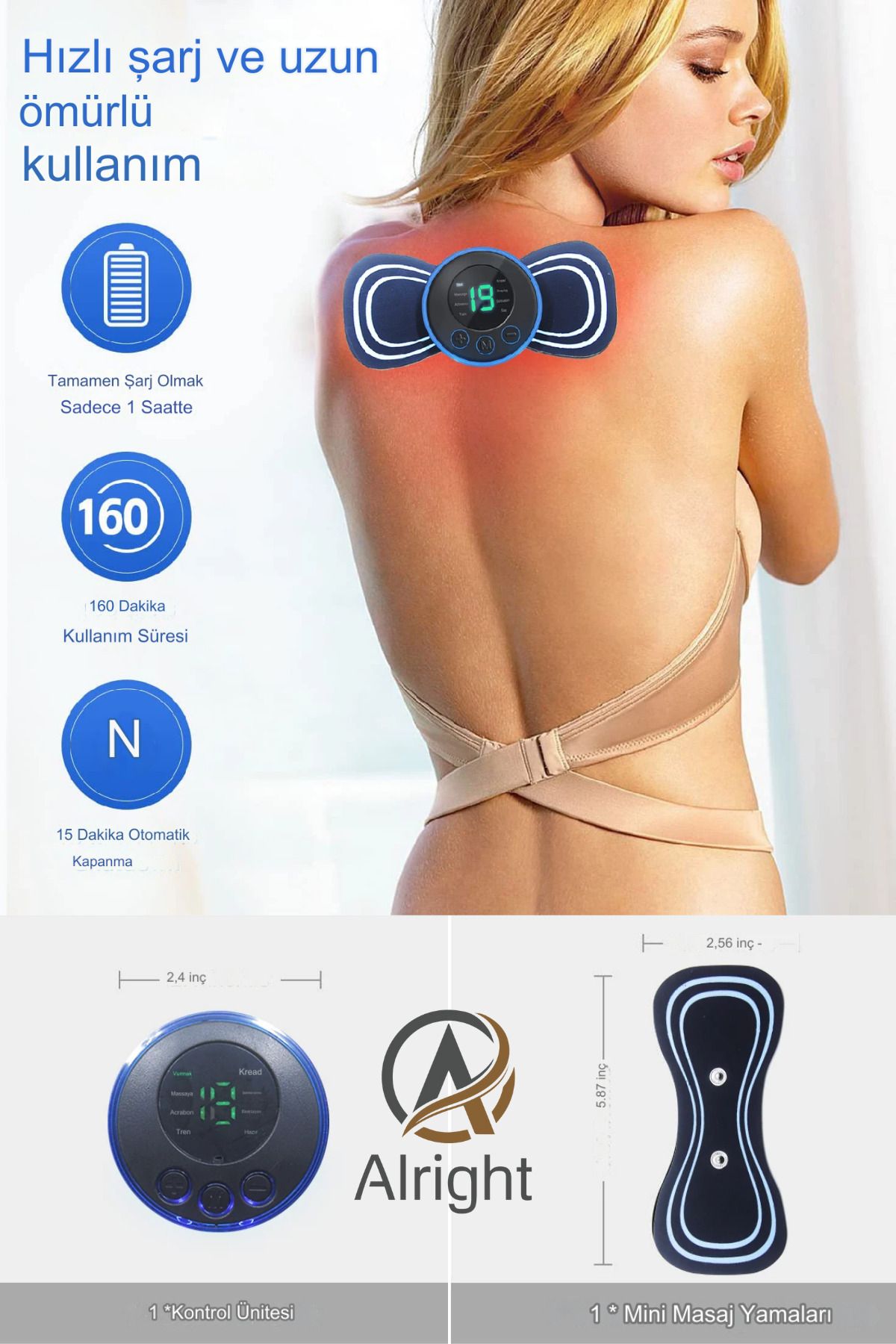 Alright Yeni Nesil Dijital Ekranlı Tens Cihazı ve Masaj Aleti Katlanabilir Mini Boy Tüm Vücut (Massage Tool)