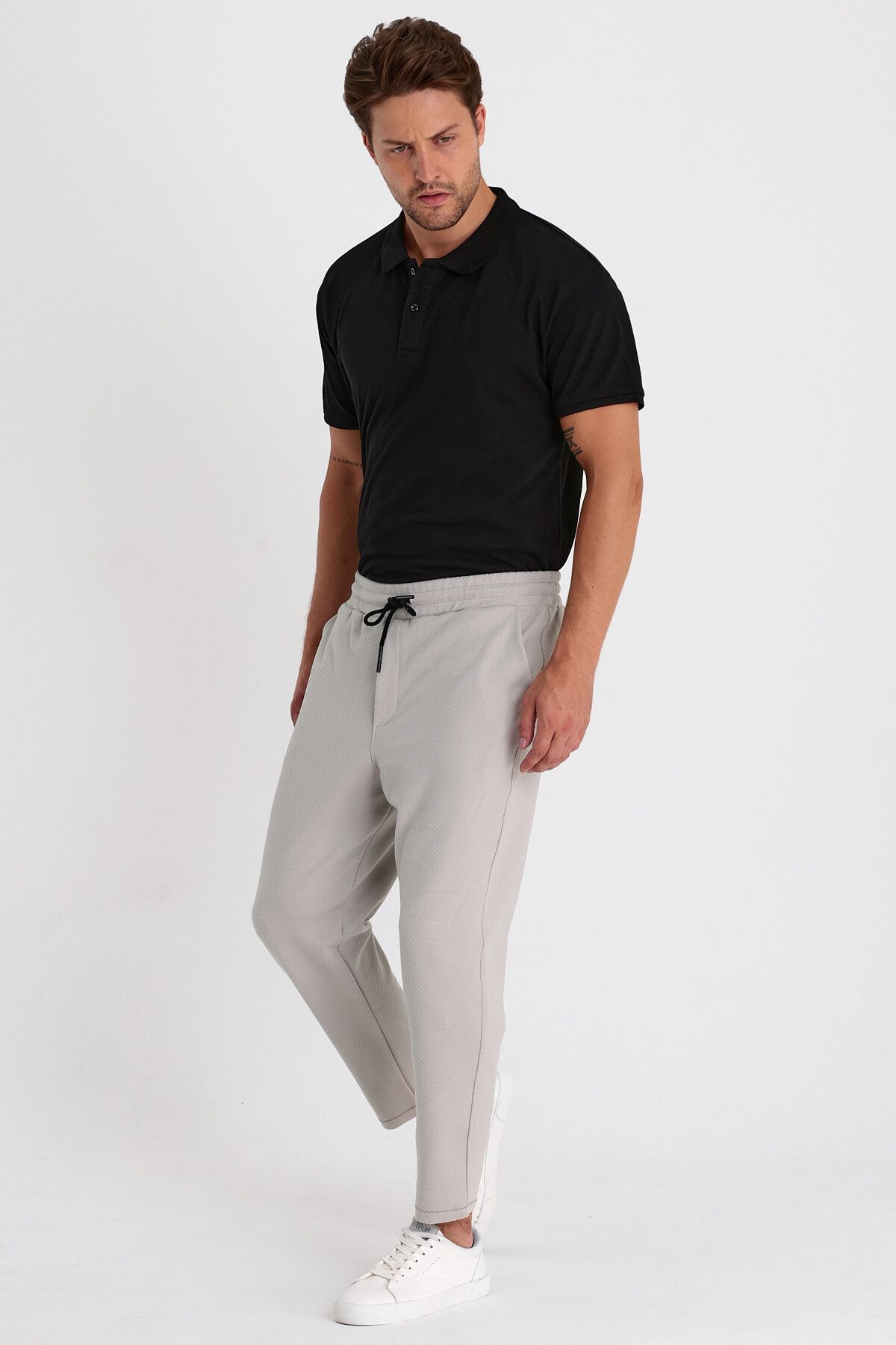 COMBİNE MİCHAİL-Men's Gray Ottoman Patterned Cotton Jogger Pants - Elastic Waist and Drawstring 4