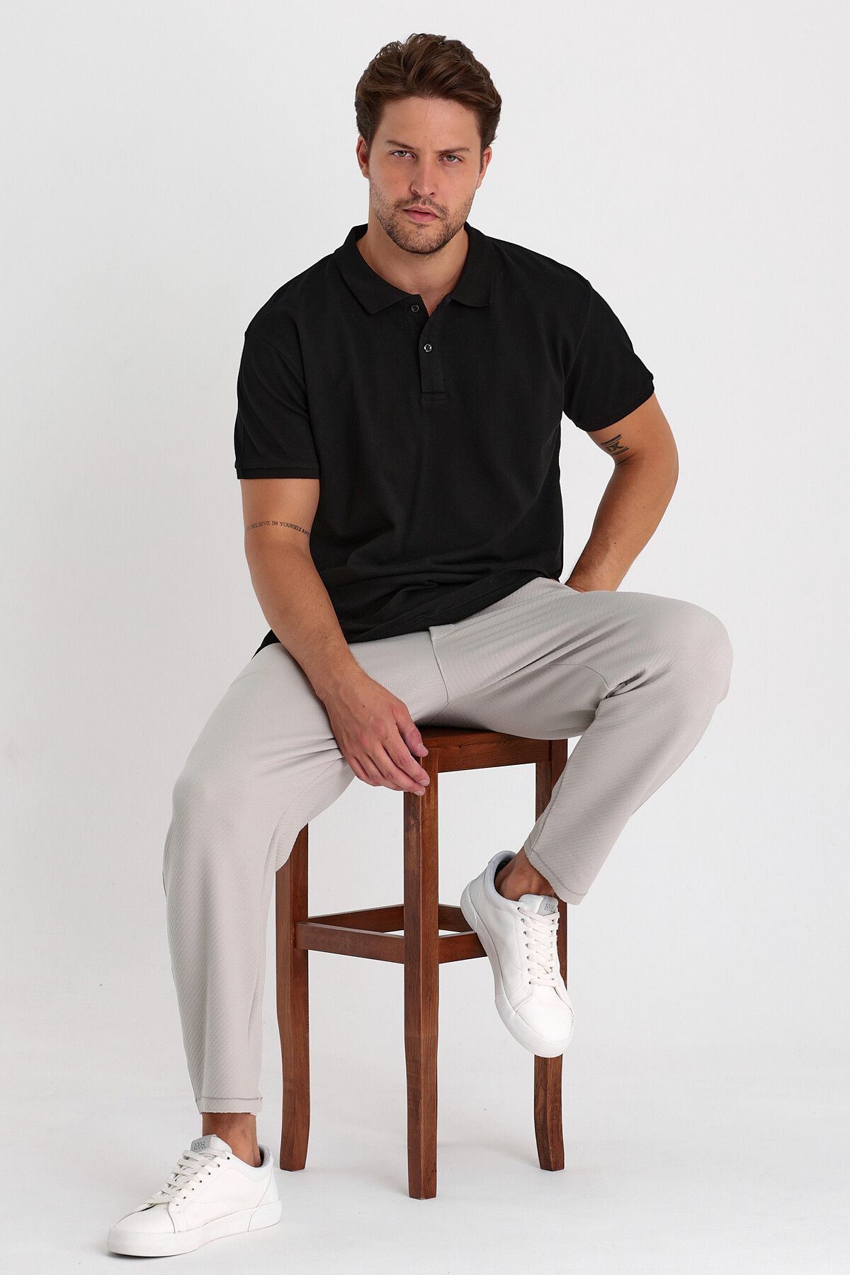 COMBİNE MİCHAİL-Men's Gray Ottoman Patterned Cotton Jogger Pants - Elastic Waist and Drawstring 6