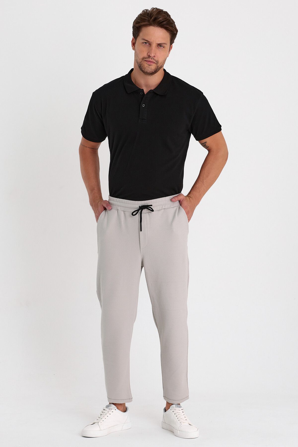 COMBİNE MİCHAİL-Men's Gray Ottoman Patterned Cotton Jogger Pants - Elastic Waist and Drawstring 3