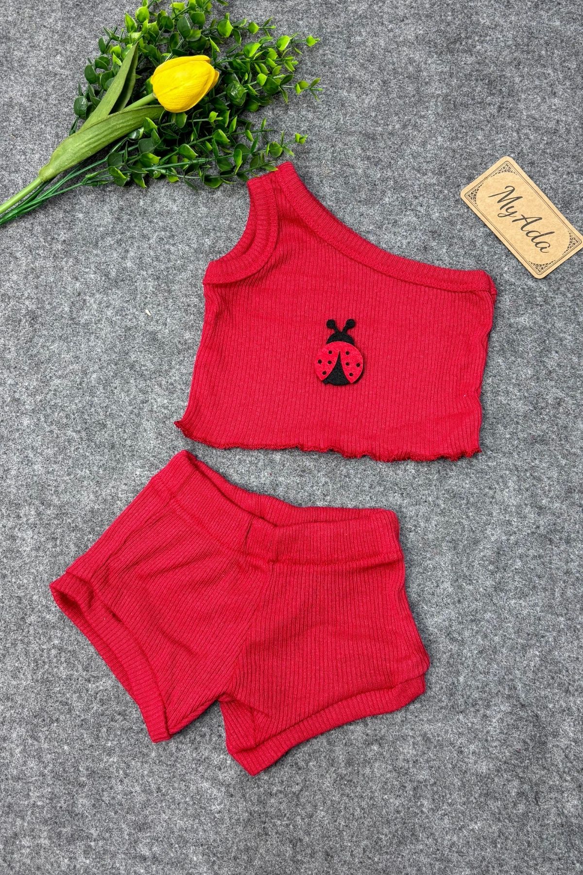 Fitilli Uğur Böceği Aksesuarlı Kırmızı Crop Şort Bebek Alt Üst Takım