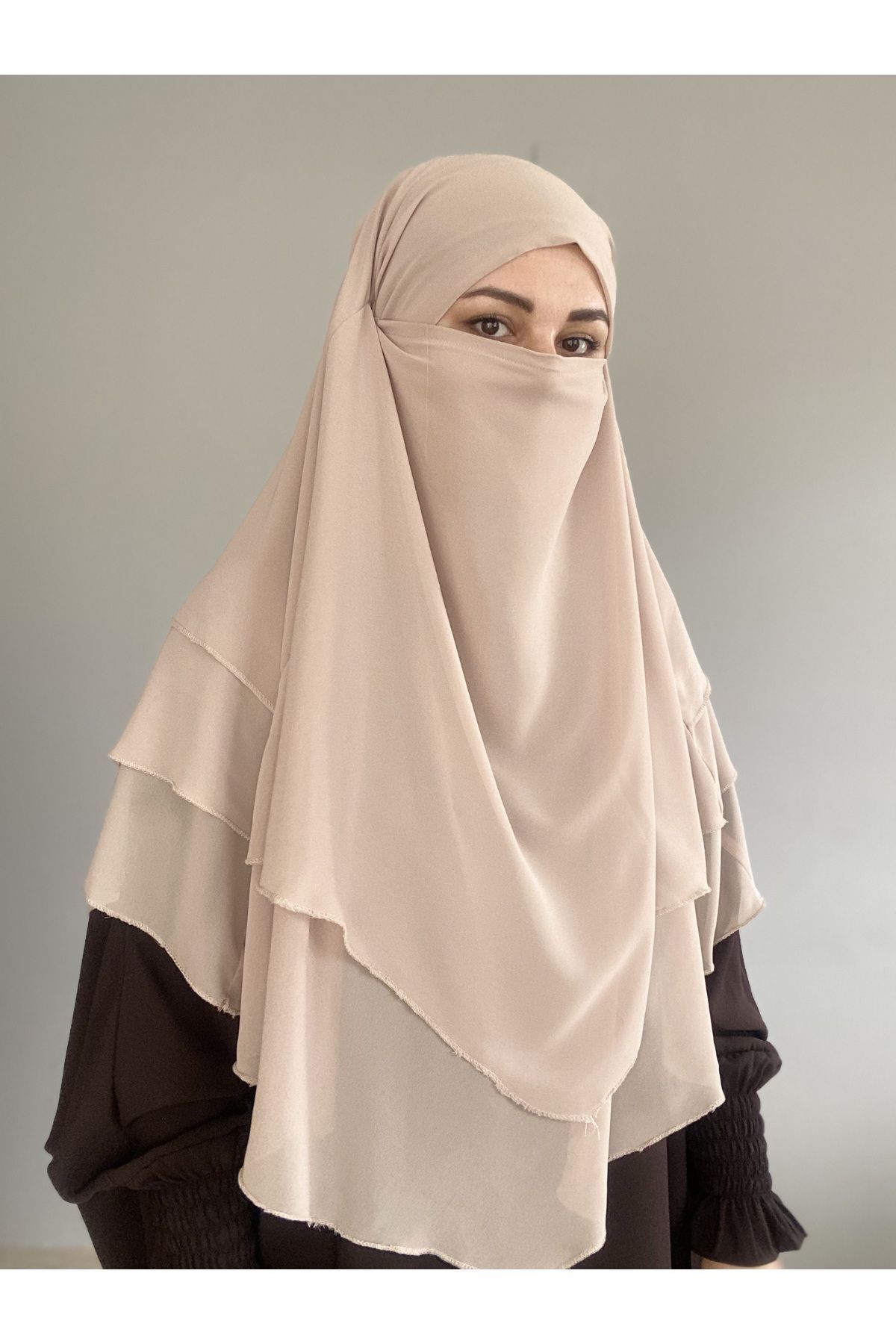 MERVERA-Souffle Scarf Khimar Hijab with Veil, Three Layer Chiffon Light Beige 3