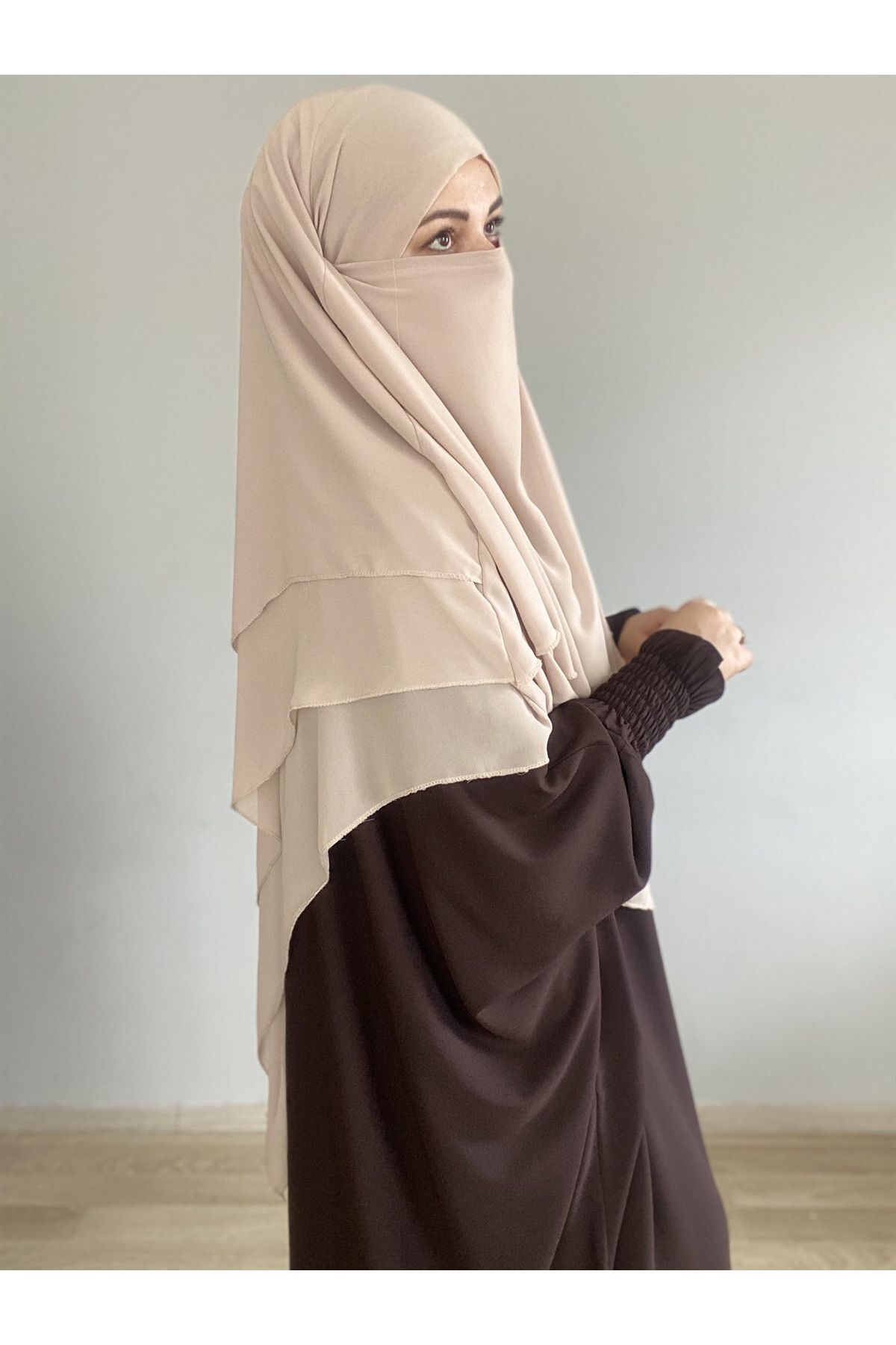 MERVERA-Souffle Scarf Khimar Hijab with Veil, Three Layer Chiffon Light Beige 1
