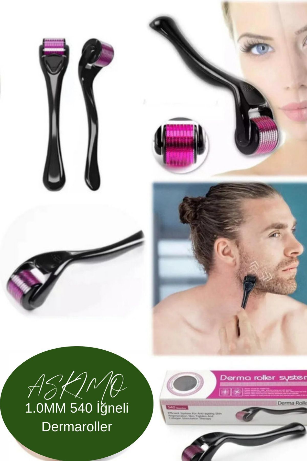 Askımo Dermaroller Titanyum Uçlu 540 Iğneli Derma Roller 1 mm Iğne Cilt Yüz Vücut Yenileme Masaj Aleti