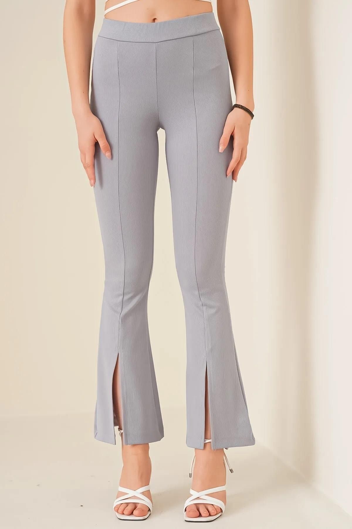 comstar-Pantaloni evazați gri cu fante cu dungi de damă 2