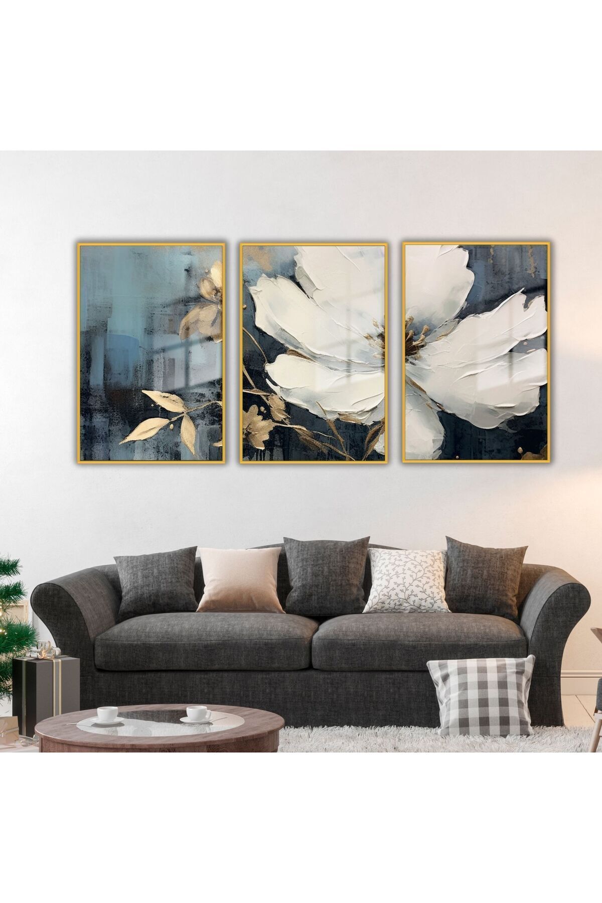 3-Piece Glass Table Set with Metal Frame White Magnolia Gold Leaf