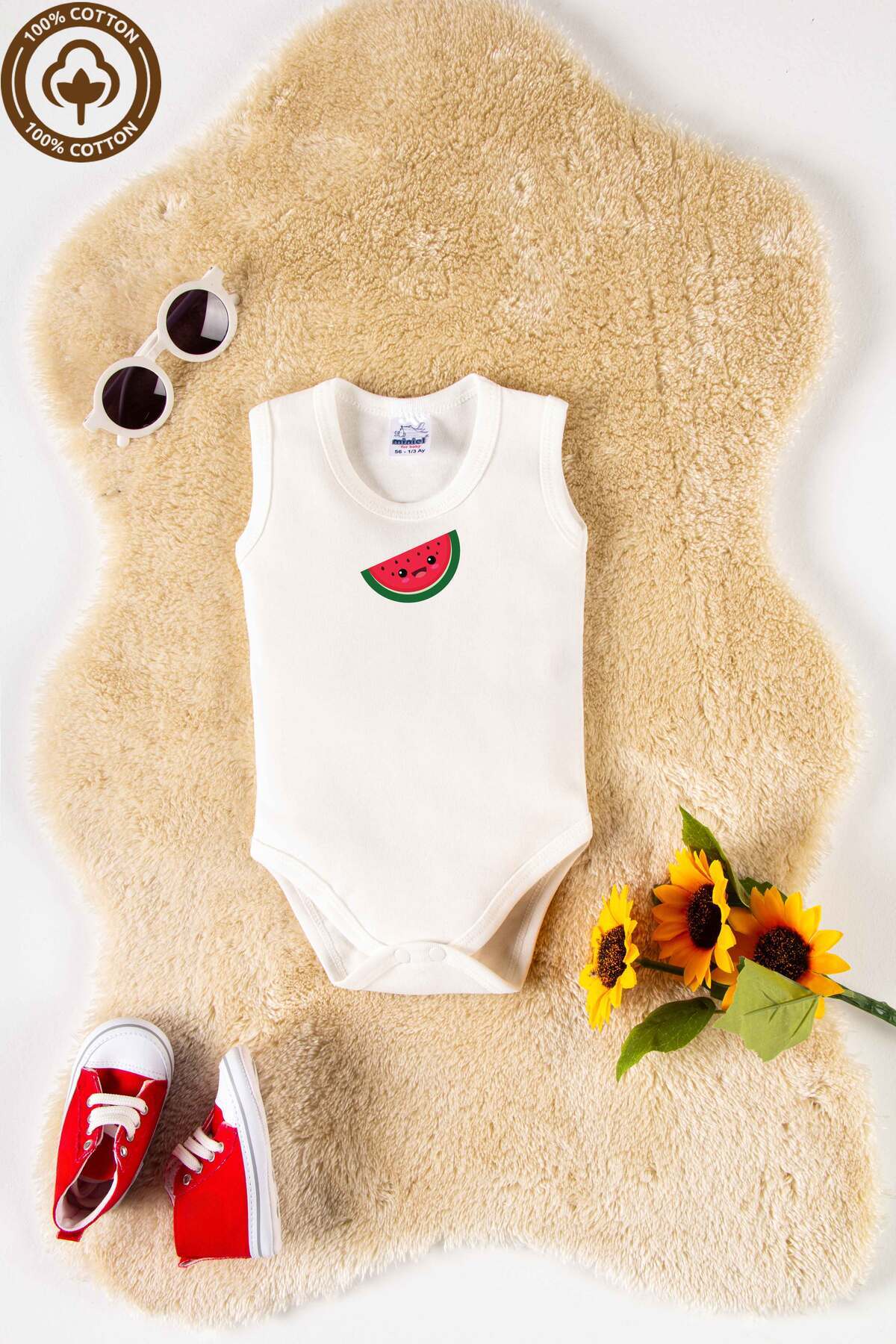 miniel organic Unisex %100 Organik Pamuklu Sevimli Meyve Baskılı 3-6-9-12 Ay 6Lı Kolsuz Bebek Body Zıbın fotoğrafı 6 (önizleme)