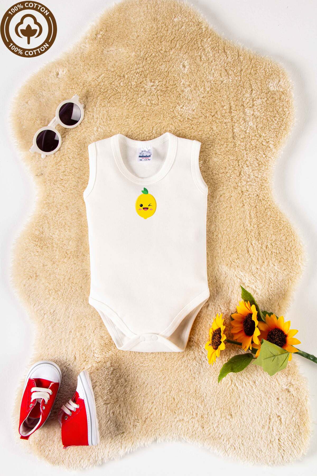 miniel organic Unisex %100 Organik Pamuklu Sevimli Meyve Baskılı 3-6-9-12 Ay 6Lı Kolsuz Bebek Body Zıbın fotoğrafı 7 (önizleme)