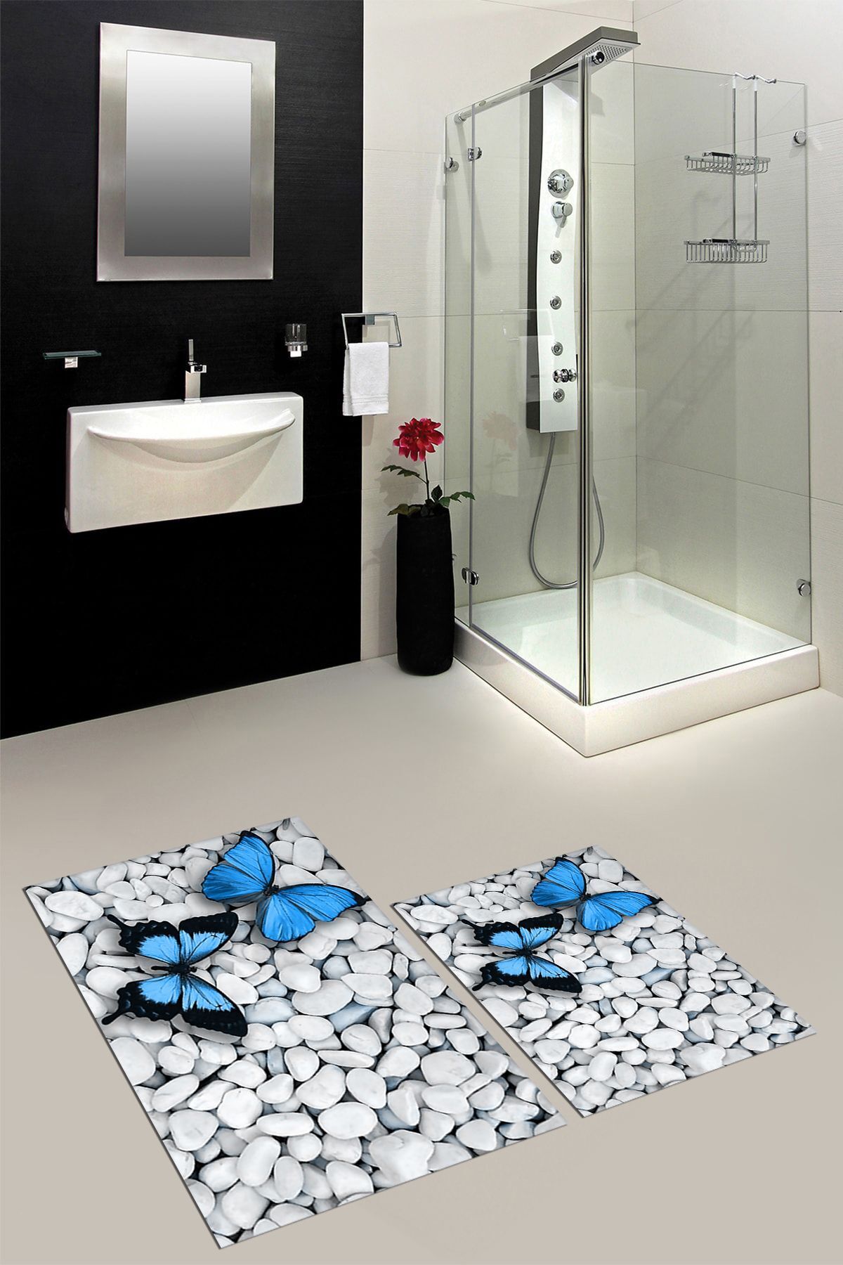 EY HOME-Set de scaune de toaletă cu model de fluturi 3D, lavabil, ștergabil, dublu, covor de baie, KLOZET-45-ALBASTRU, 7