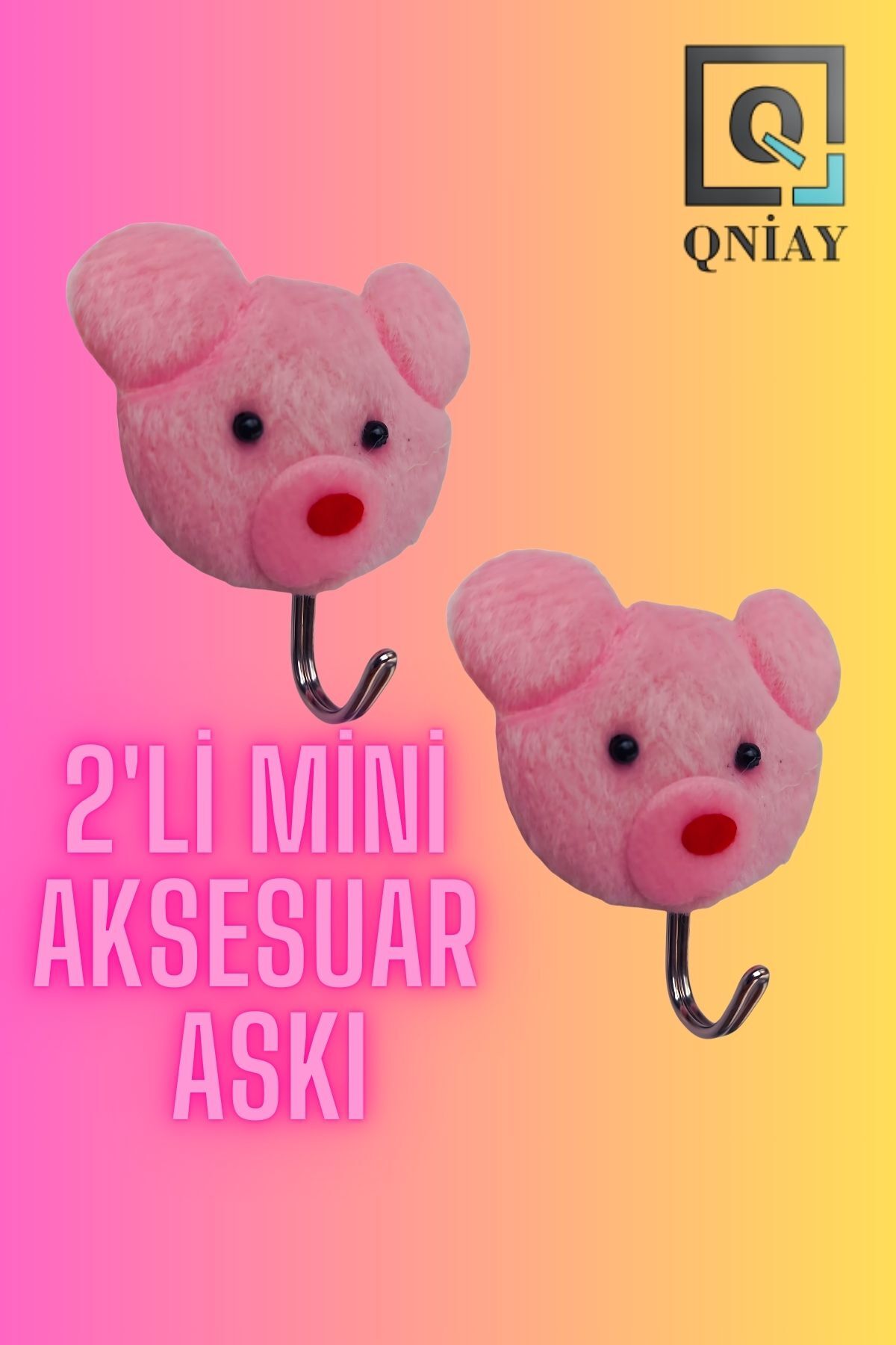 QNİAY 2 'li Askı Mini Pembe Ayıcıklı  Aksesuar Anahtarlık  Ayıcıklı