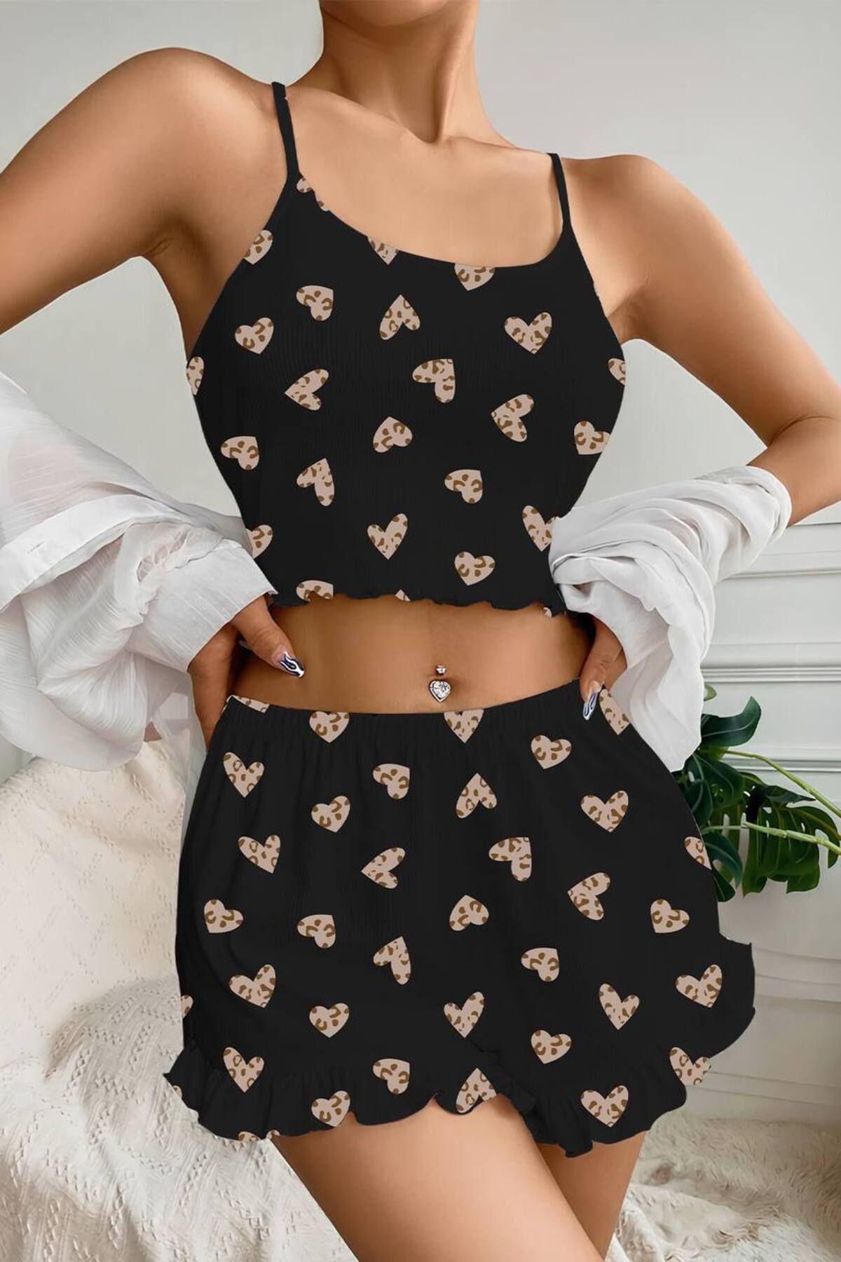 AURA-Ribbed Strap Pajama Set with Mini Shorts - Black Yellow Heart Camisole 3