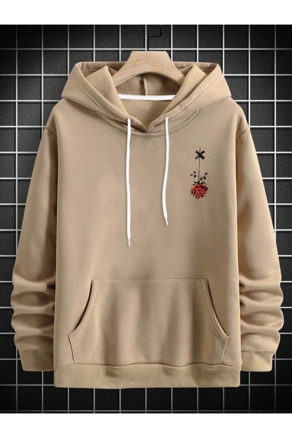 NOFLEN-Unisex Rose Printed Oversize Cotton Hooded Sweatshirt 2