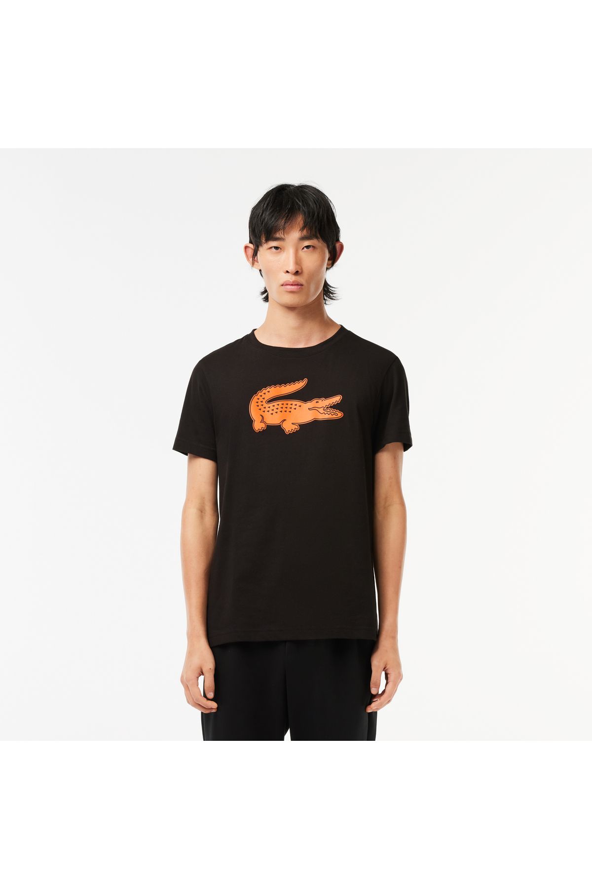 Lacoste Sport Erkek Regular Fit Bisiklet Yaka Bask l Siyah T shirt Erkek Giyim