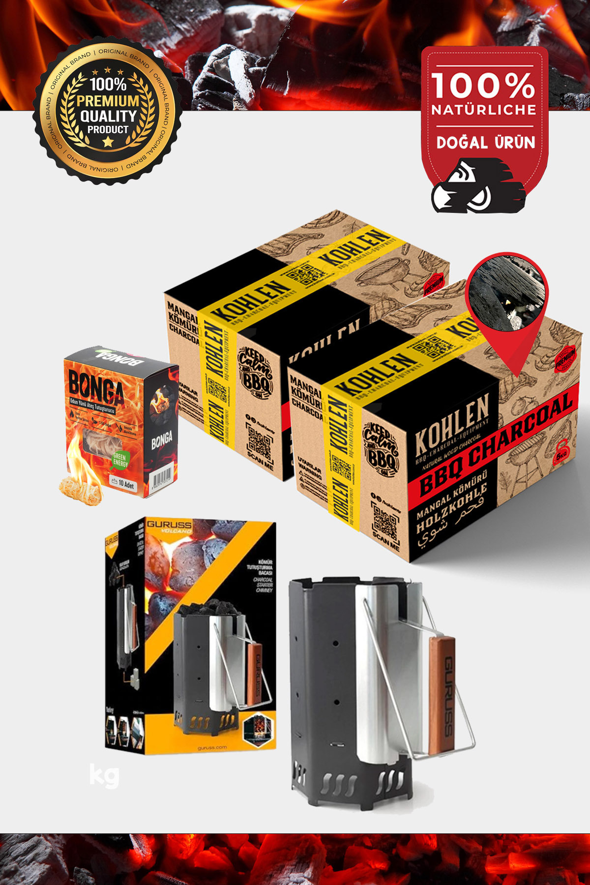 KOHLEN BBQ Mangal Tutuşturma Kiti | Mangal Kömürü | Tutuşturma Bacası | Bonga Tutuşturucu