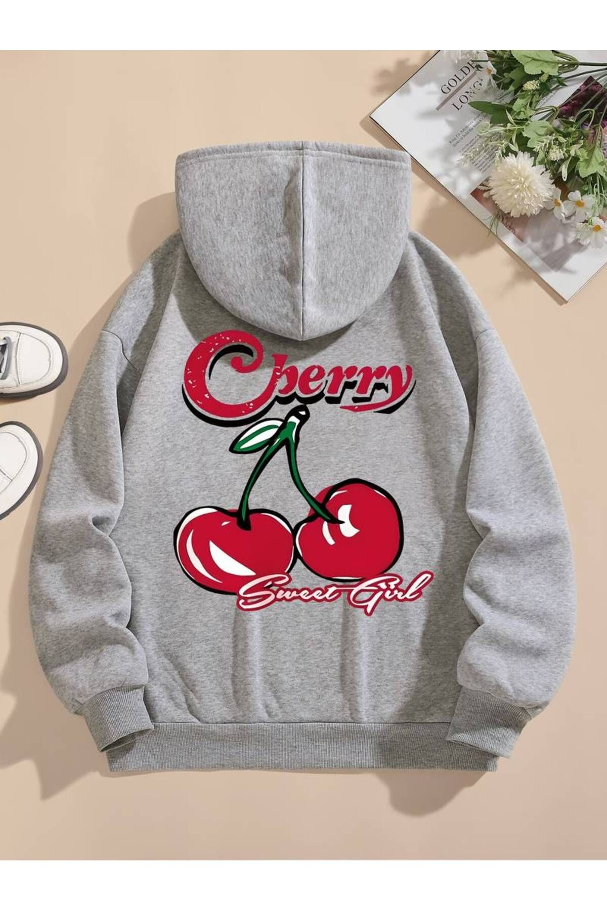 AMMA-Unisex Oversize 3 Thread Hooded Sweatshirt - Cherry Printed Winter Hoodie 3