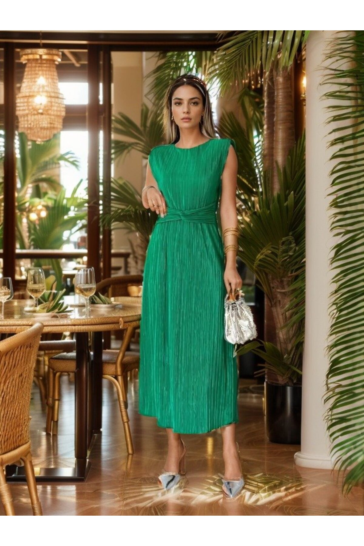 Plise Manşetli Tweed Göğüslü Elbise