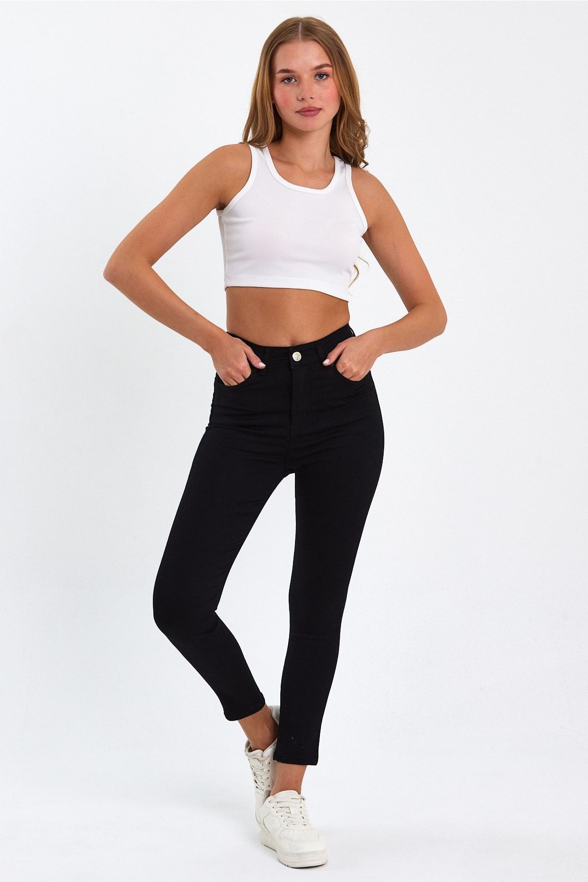 geenz manifacture Hawai Siyah Yüksek Bel Dar Paça Skinny Power Likralı Kot Pantalon görsel 3