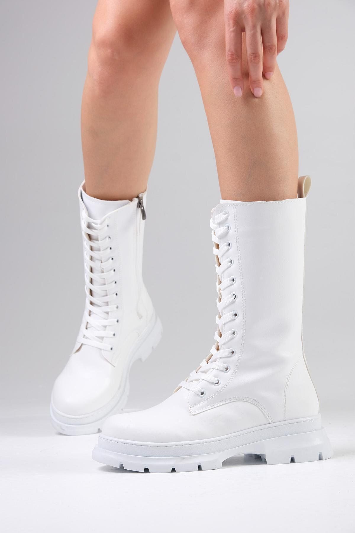 Mio Gusto-Lorita Weiße lange Damenstiefel mit Schnürung und Reißverschluss 5