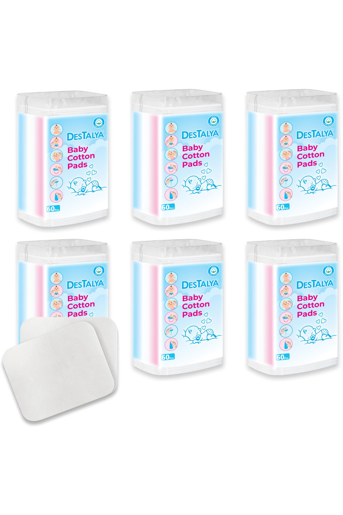 DESTALYA Maxi Bebek Temizleme Pamuğu 6'lı Paket, Bebek Alt Değiştirme 6x60
