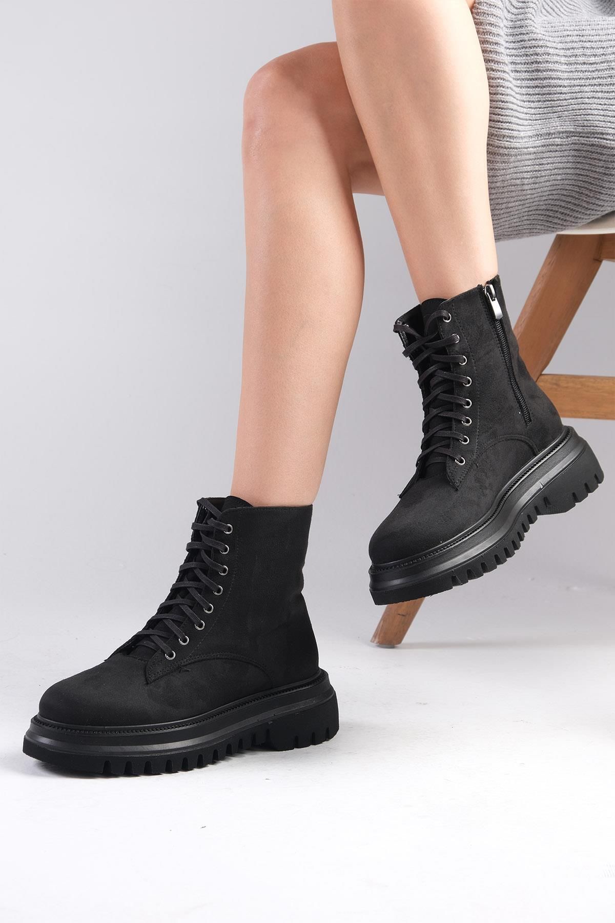 Mio Gusto-Zamszowe, sznurowane i zapinane na zamek buty damskie Alex w kolorze czarnym, na grubej podeszwie 4