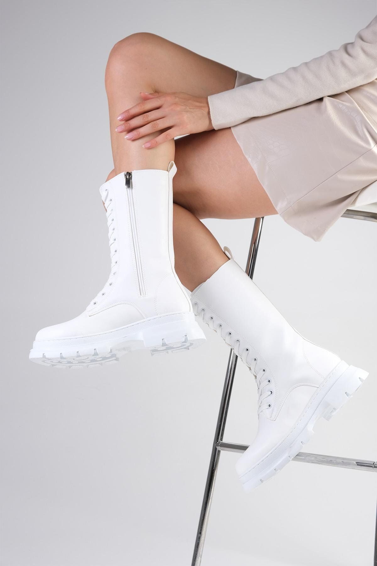 Mio Gusto-Lorita Weiße lange Damenstiefel mit Schnürung und Reißverschluss 3