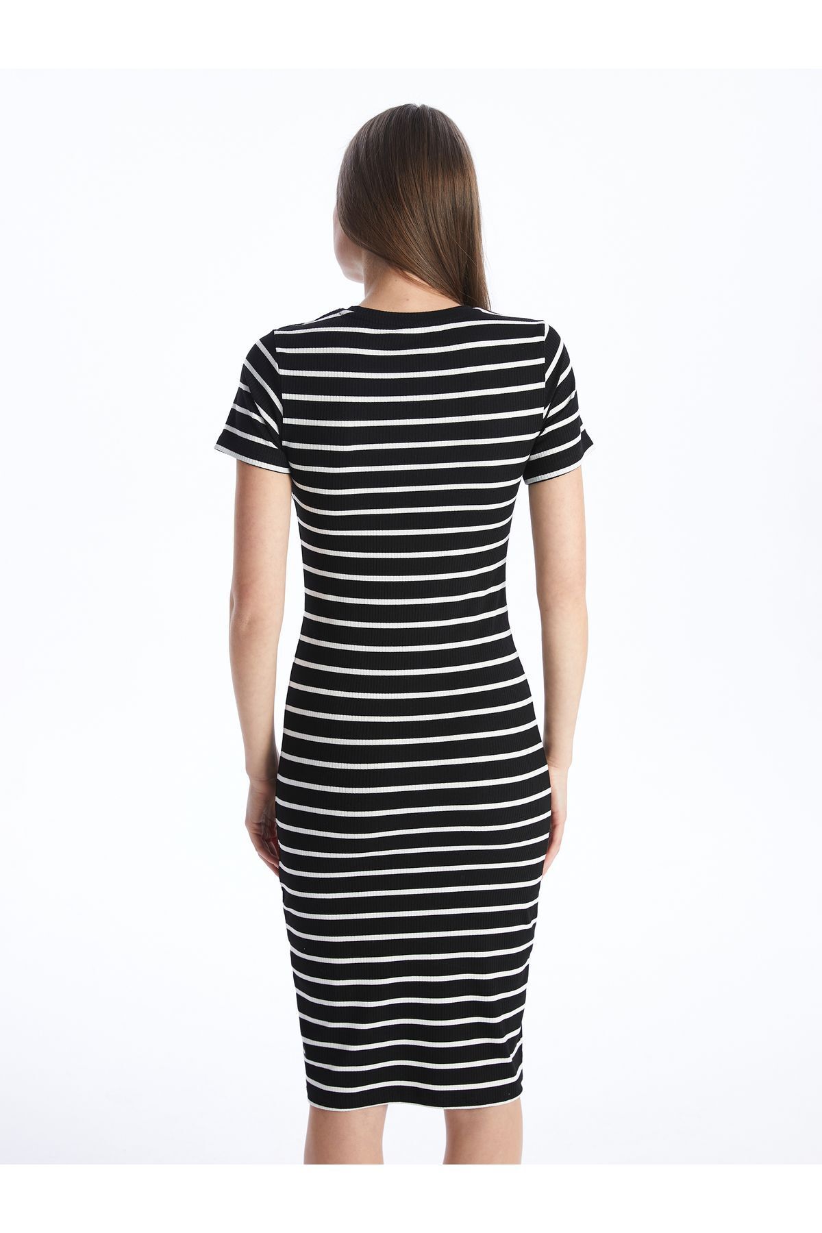 Bisiklet Yaka Çizgili Kısa Kollu Kadın Bodycon Elbise