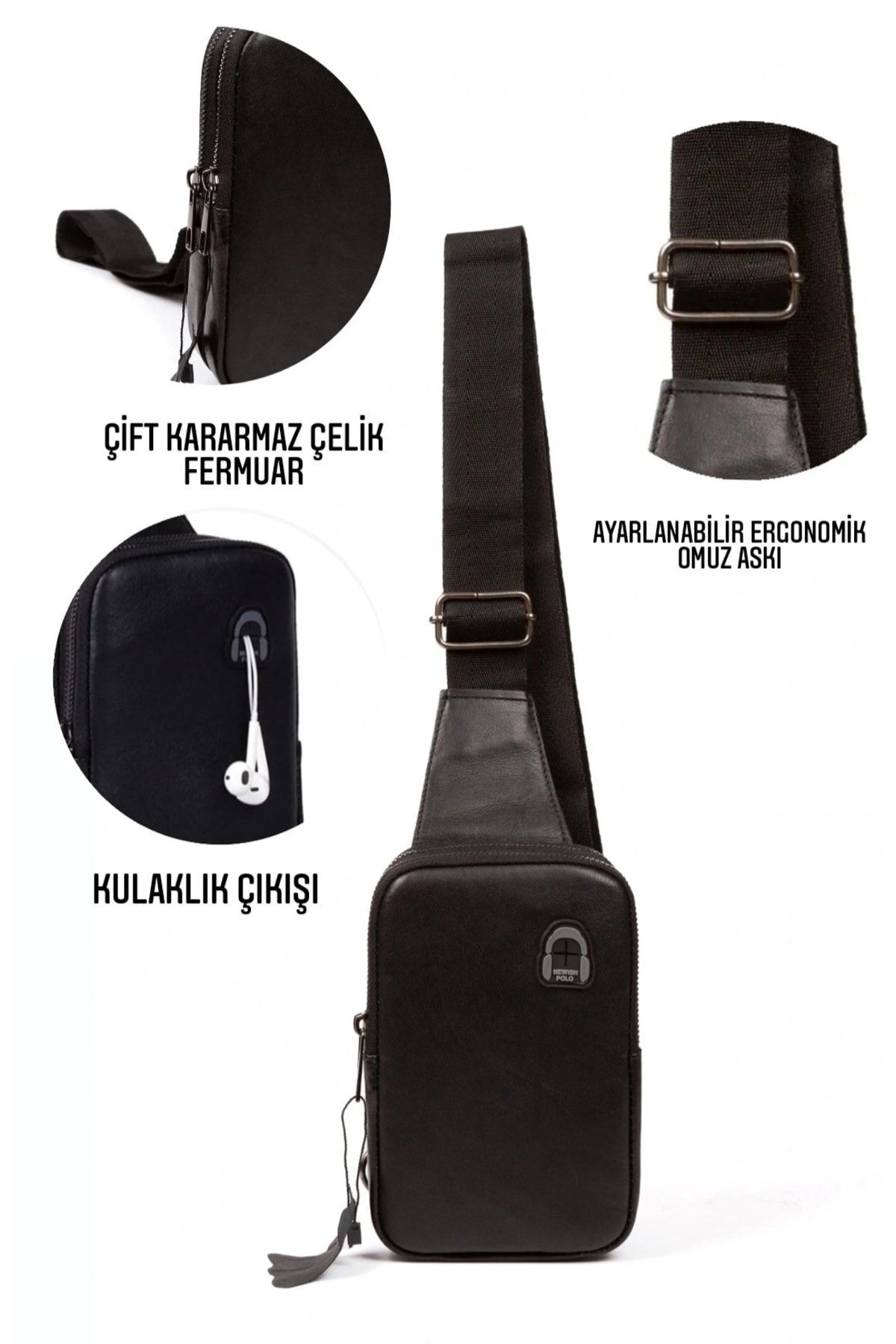 NEWISH POLO ACCESSORIES Newish Polo Kulaklık Çıkışlı Hakiki Deri Telefon Bölmeli Çapraz Omuz Çantası görsel 3