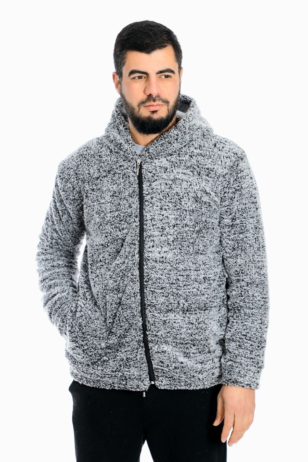 کاپشن زمستانی Welsoft Plush از جنس پشم نرم با زیپ و کلاه — خاکستری 001 — تصویر 2 از 7
