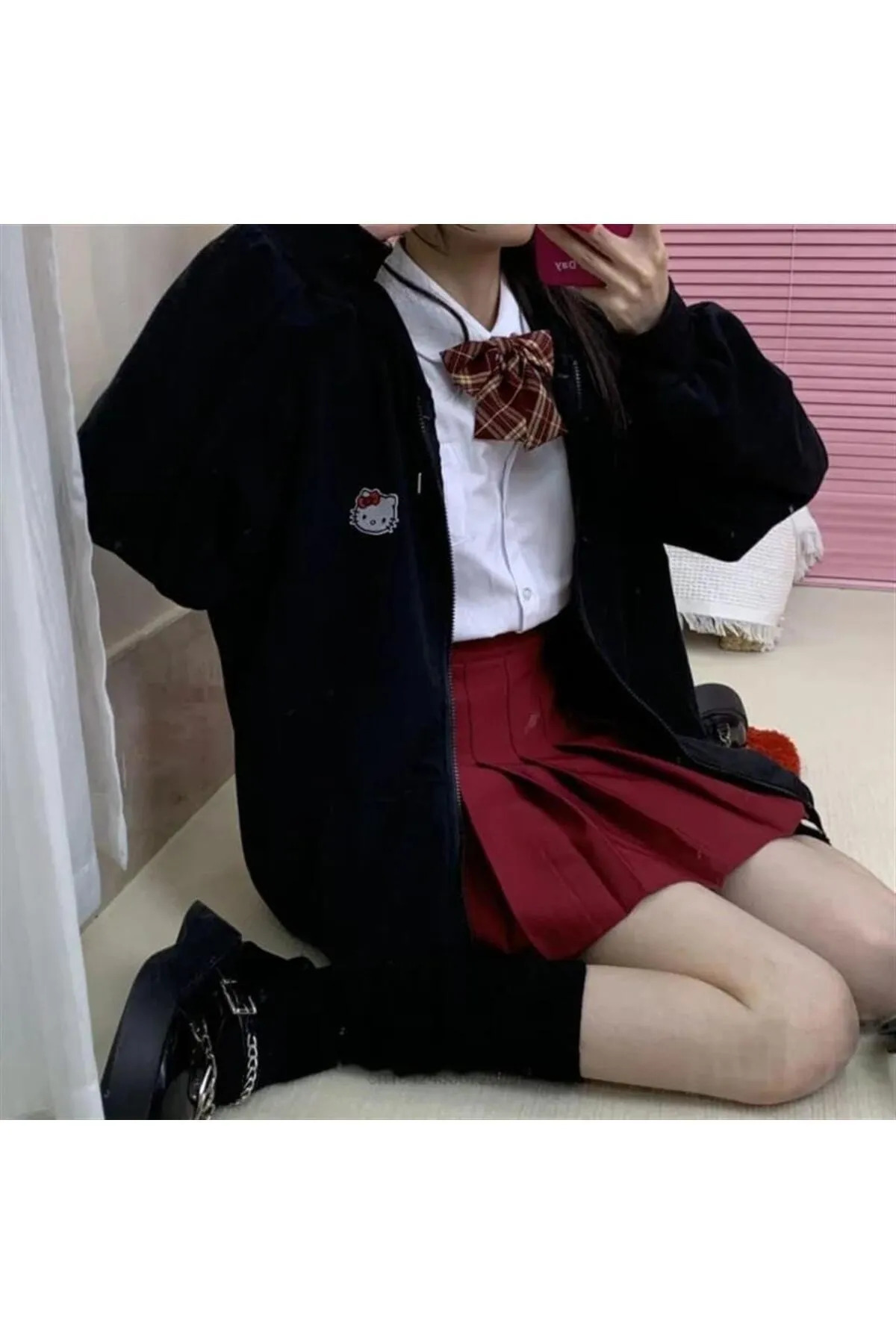 Hello Kitty Head Baskılı Oversize Fermuarlı Siyah Unisex Kapüşonlu Hırka — مشکی ns33333 — تصویر 2 از 2