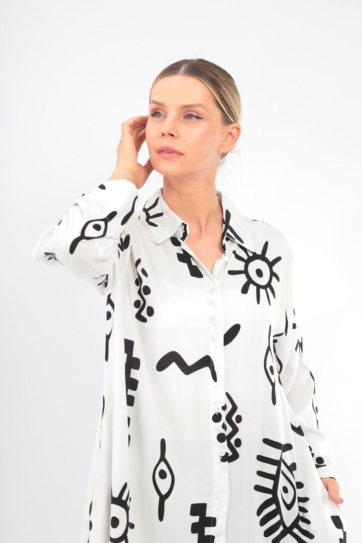 soBasic-White Viscose Shirt Dress - 100% Cotton, Patterned, Buttoned Front and Slit - Std 6