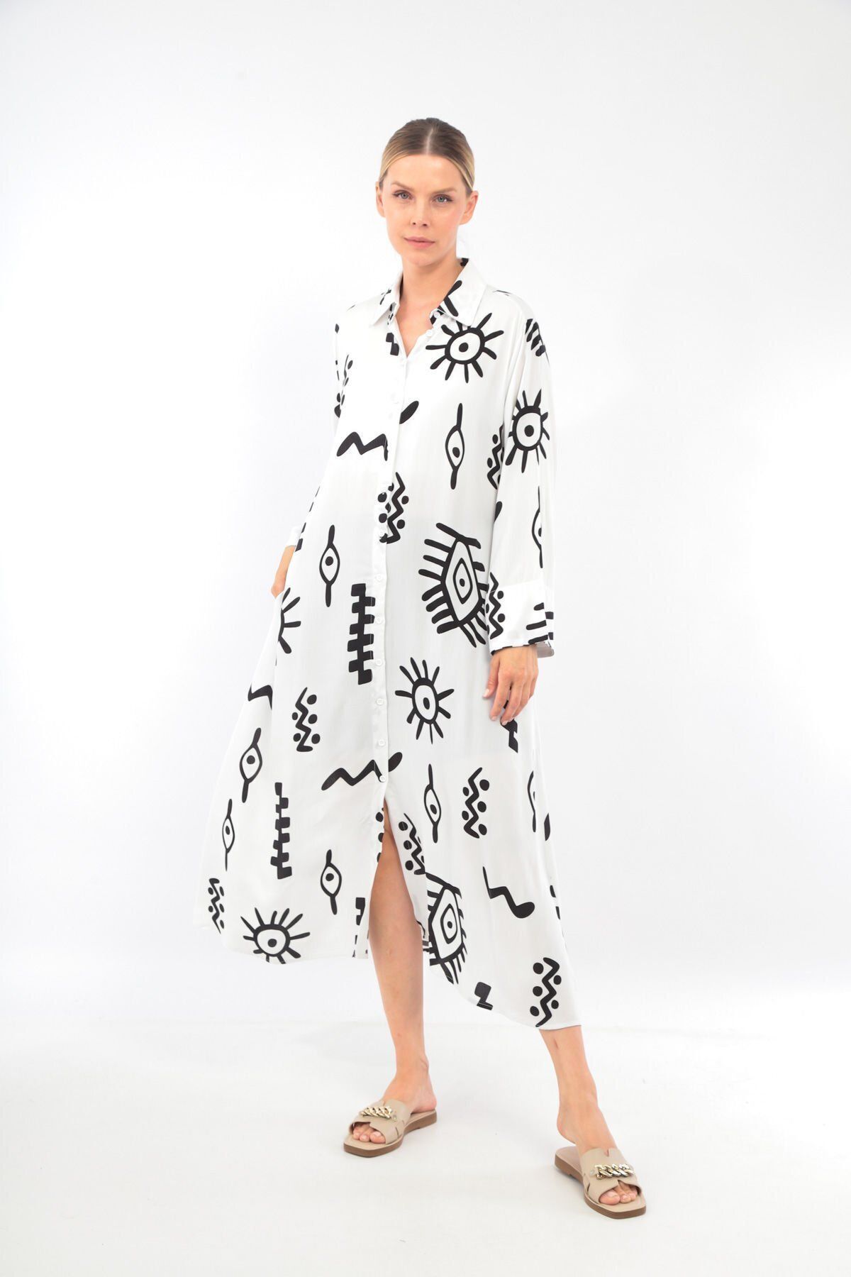 soBasic-White Viscose Shirt Dress - 100% Cotton, Patterned, Buttoned Front and Slit - Std 4