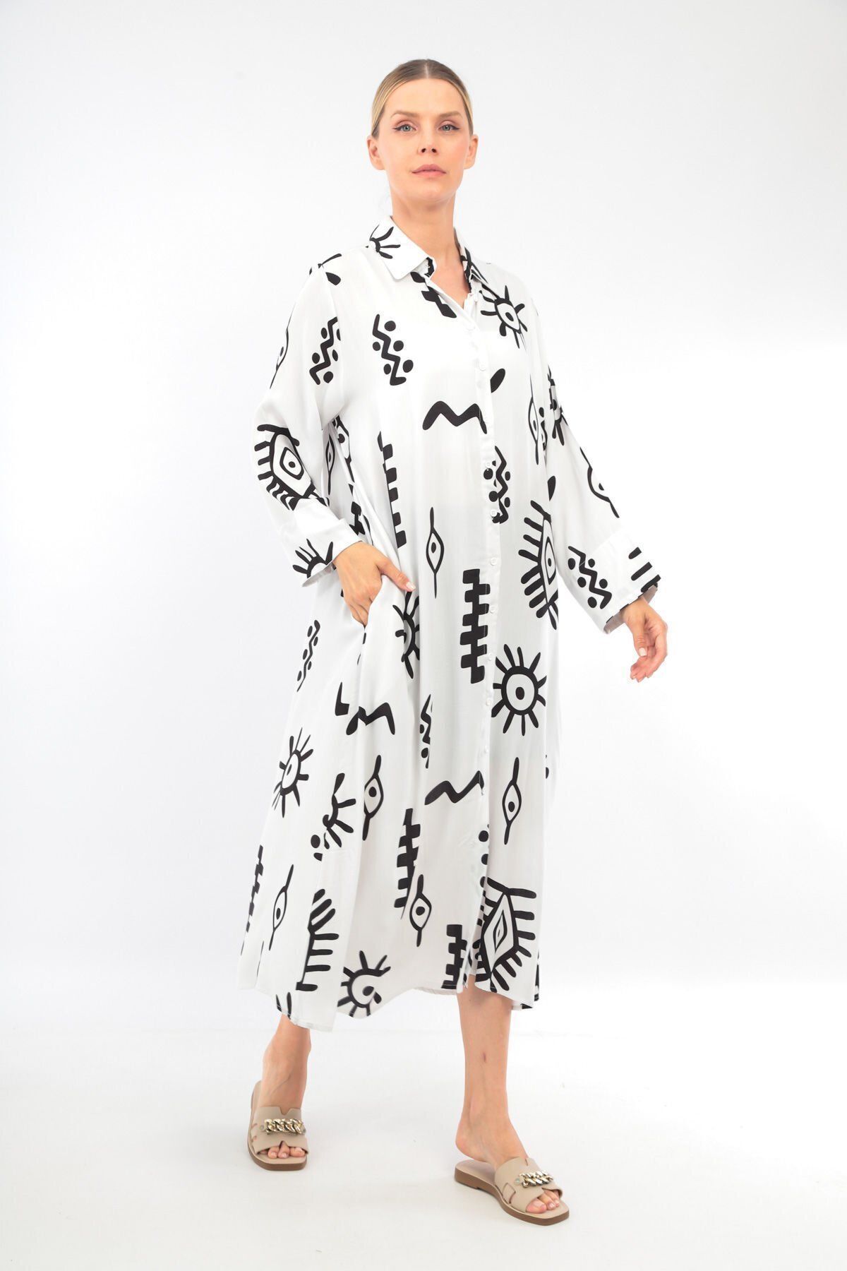 soBasic-White Viscose Shirt Dress - 100% Cotton, Patterned, Buttoned Front and Slit - Std 3