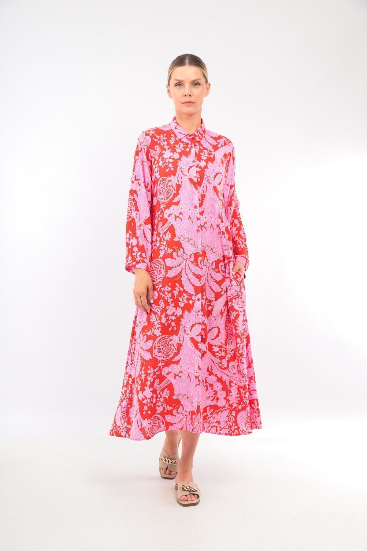 soBasic-Red Viscose Shirt Dress - Patterned, Buttoned Front, Pocket and Slit Detail, 100% Cotton - Std 1