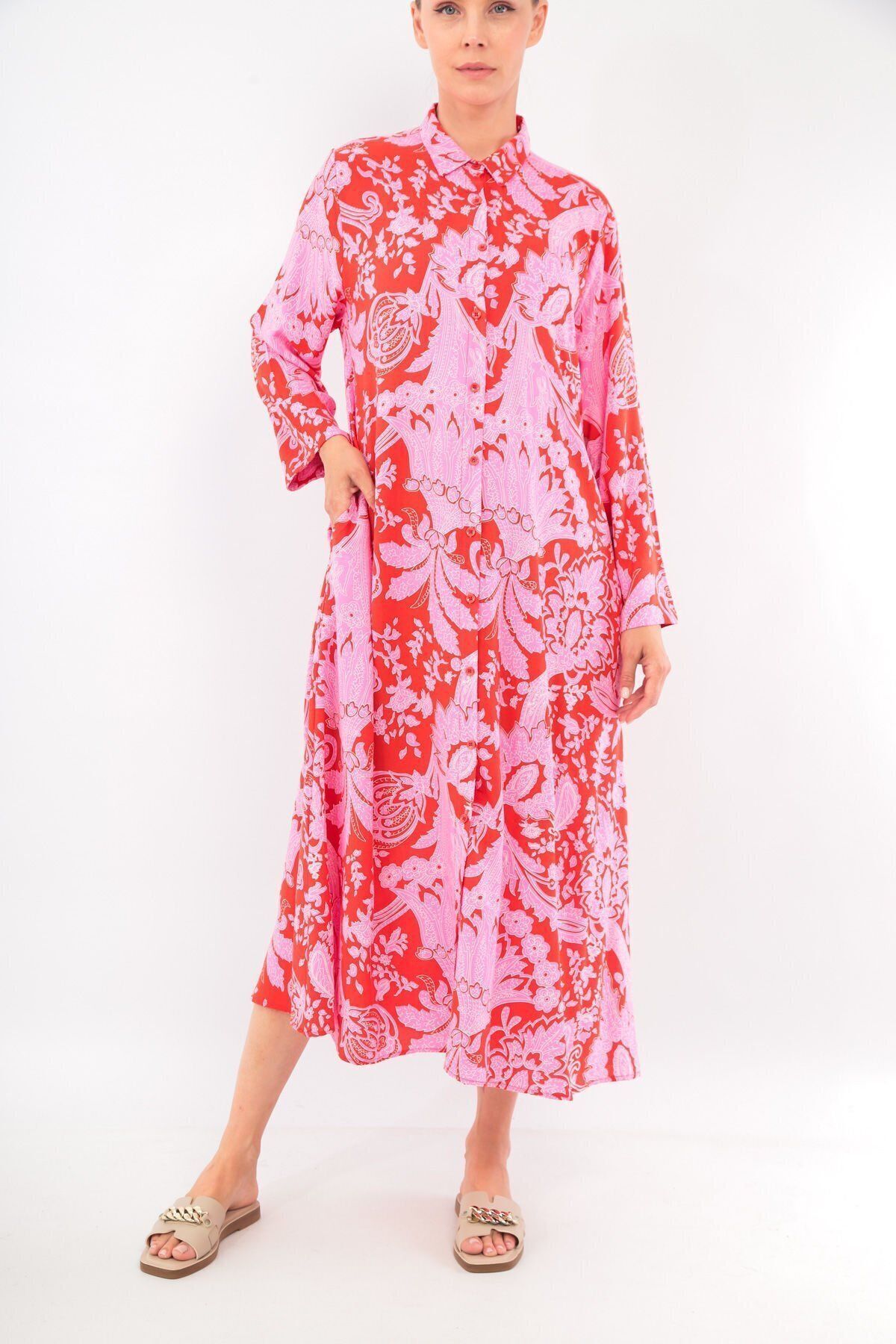 soBasic-Red Viscose Shirt Dress - Patterned, Buttoned Front, Pocket and Slit Detail, 100% Cotton - Std 6