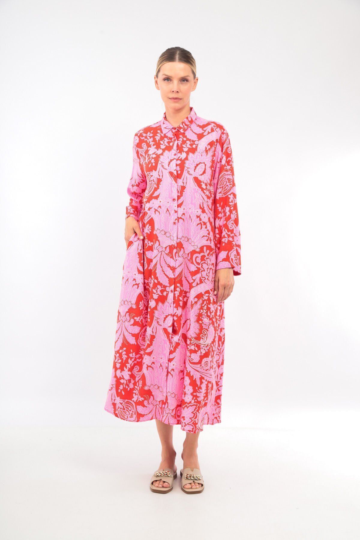 soBasic-Red Viscose Shirt Dress - Patterned, Buttoned Front, Pocket and Slit Detail, 100% Cotton - Std 3