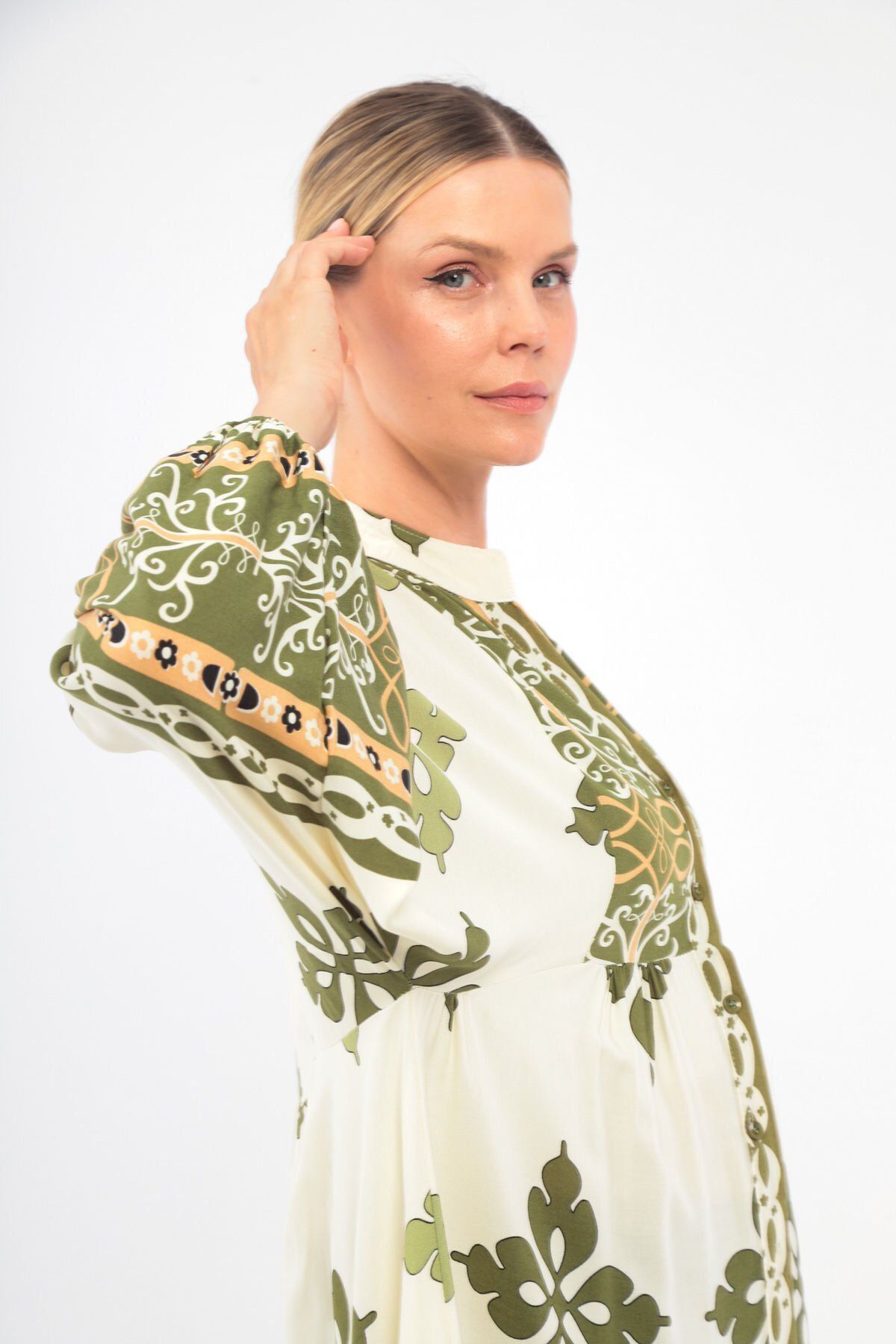 soBasic-Πράσινο Oversize Judge γιακά μακρυμάνικο φόρεμα βαμβακερή βισκόζη με σχέδιο - 100% χαλαρό 8