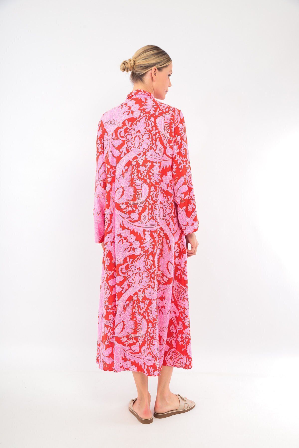 soBasic-Red Viscose Shirt Dress - Patterned, Buttoned Front, Pocket and Slit Detail, 100% Cotton - Std 8