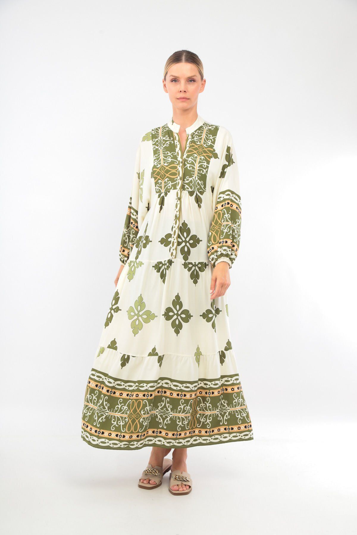 soBasic-Πράσινο Oversize Judge γιακά μακρυμάνικο φόρεμα βαμβακερή βισκόζη με σχέδιο - 100% χαλαρό 2