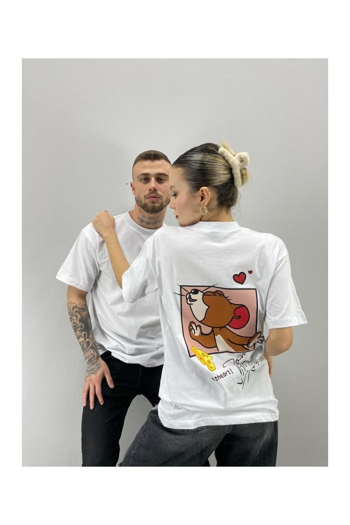 lolyme-White Tom and Jerry Printed Unisex T-Shirt Couple Combo - Set of 2 3