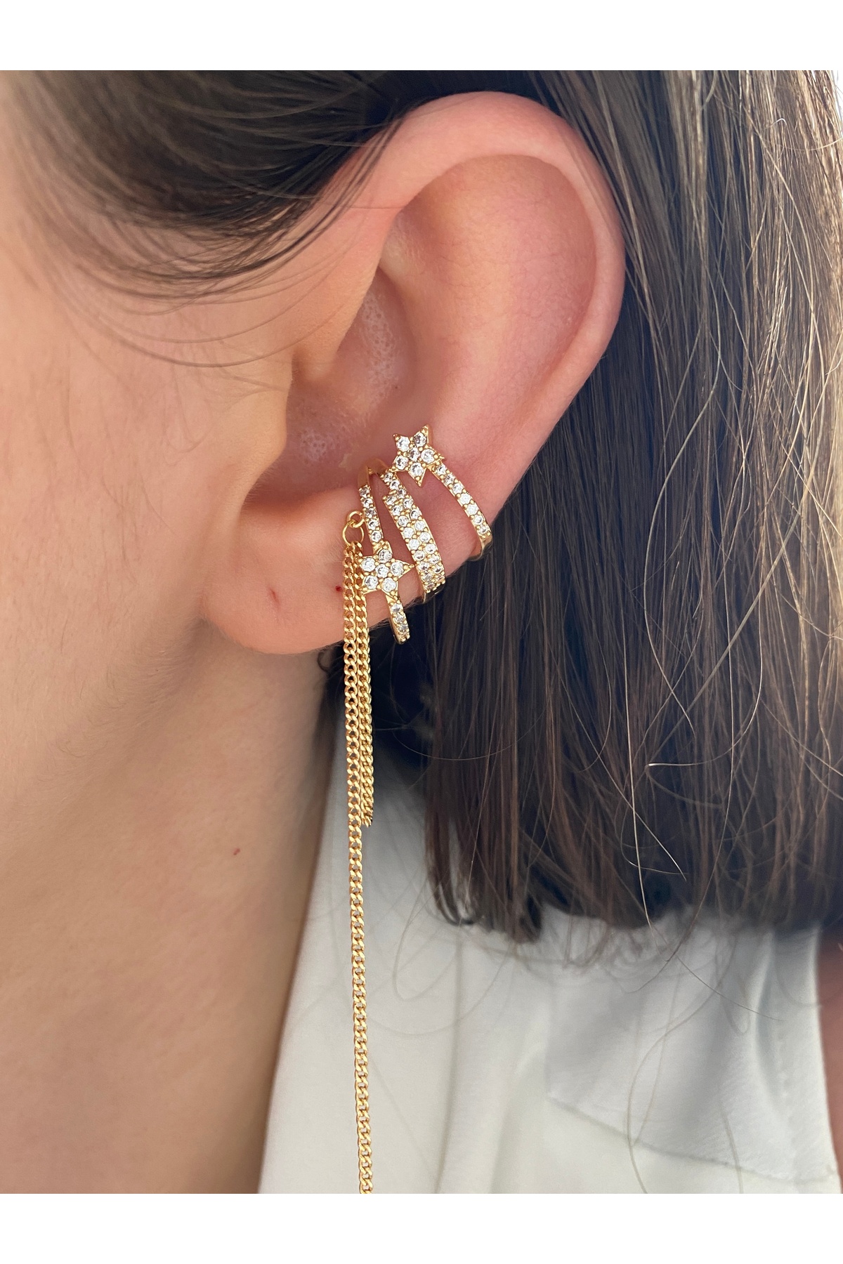 Sallantılı Zirkon Taşlı Pirinç Üzeri Kaplama Kaplama Kadın Earcuff Kıkırdak Küpe 2