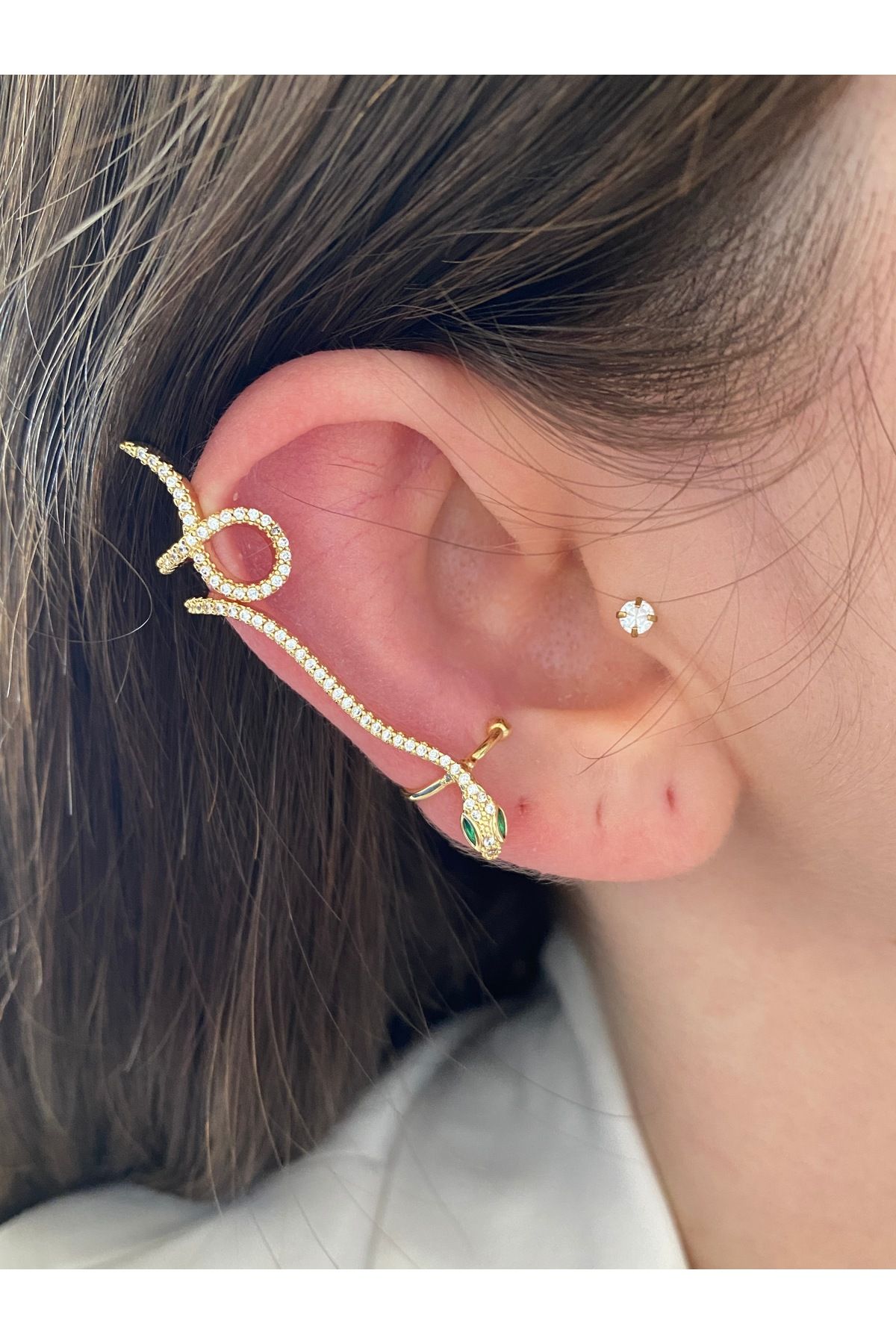 Pinery Jewels-Emerald Stone Snake Brass Overlay Plated Women's Earcuff Cartilage Earrings 3
