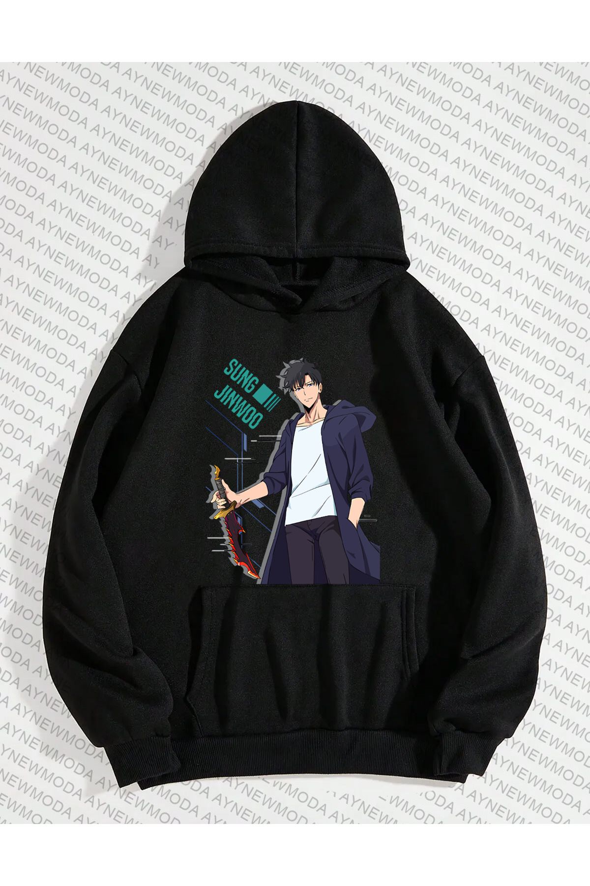 aynewmoda-Sung Jin Woo Solo Leveling Anime Crew Neck Unisex Oversize Hooded Sweatshirt 1