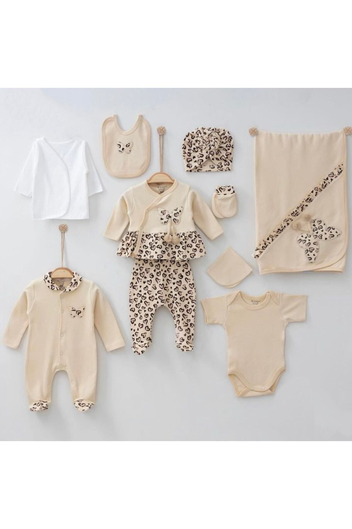 Cherub Baby Kelebekli Leopar Baskılı %100 Pamuk Yenidoğan Kız Bebek 10 Parça Hastane Çıkışı Zıbın Seti fotoğrafı 2 (önizleme)