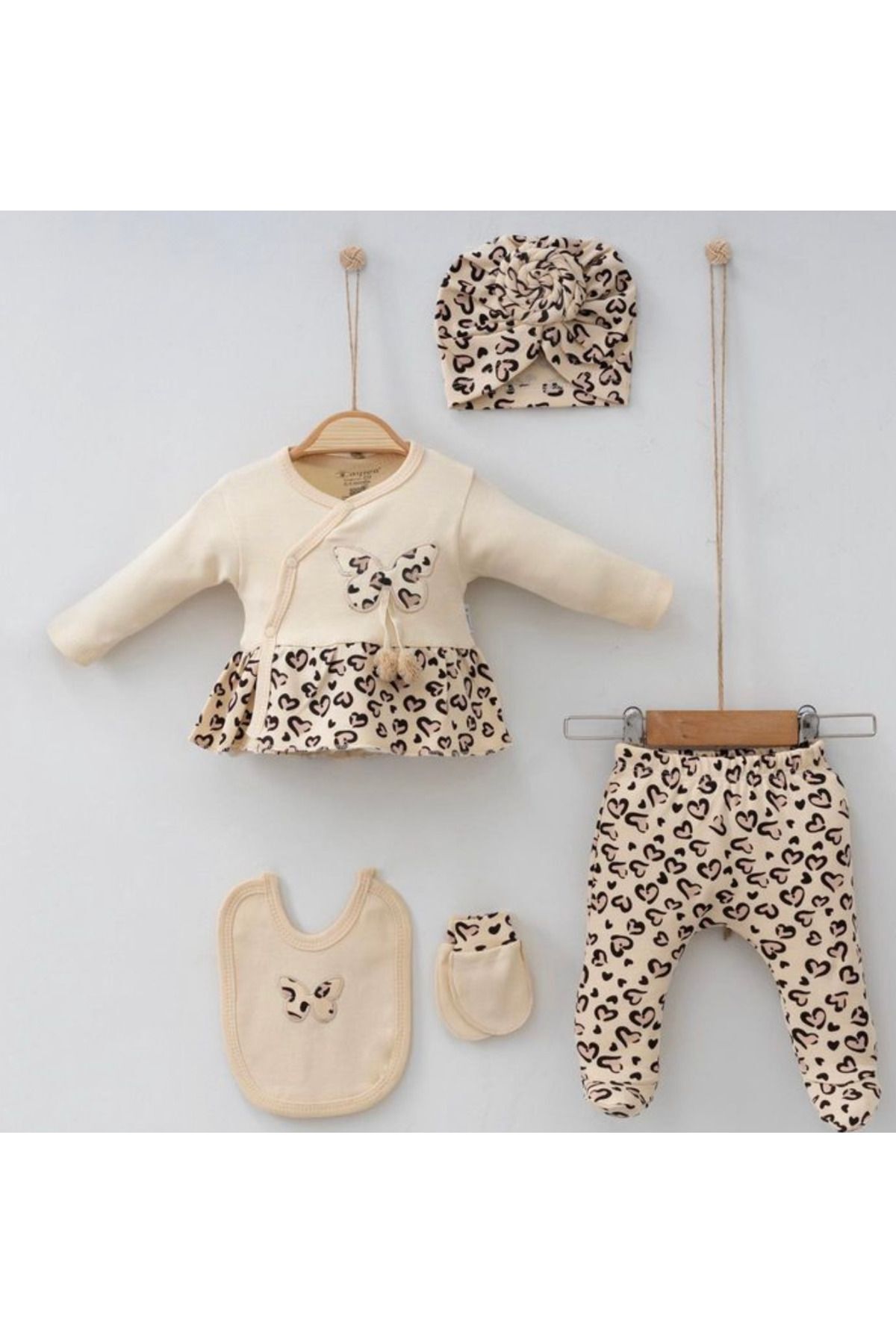 Cherub Baby Kelebekli Leopar Baskılı %100 Pamuk Yenidoğan Kız Bebek 10 Parça Hastane Çıkışı Zıbın Seti fotoğrafı 3 (önizleme)