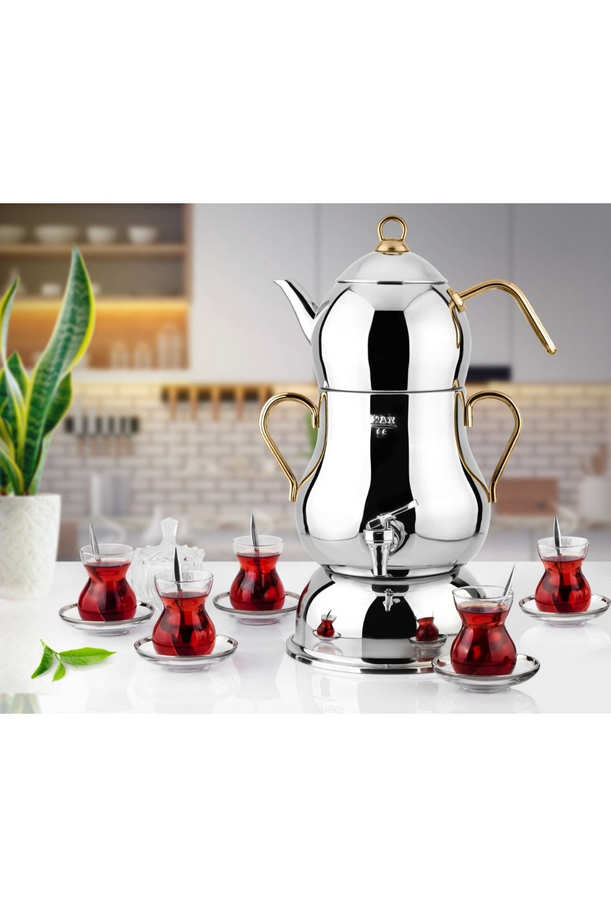 Lines Şahmeran Elektrikli Semaver Çelik Gövde Altın Kulp